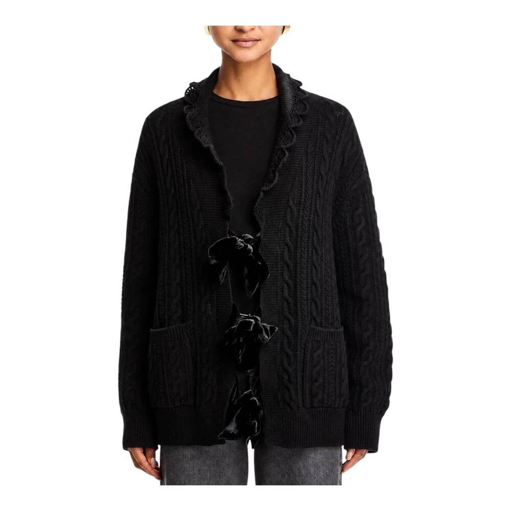 NEW SEA mariella merino wool cable knit cardigan sweater in black
